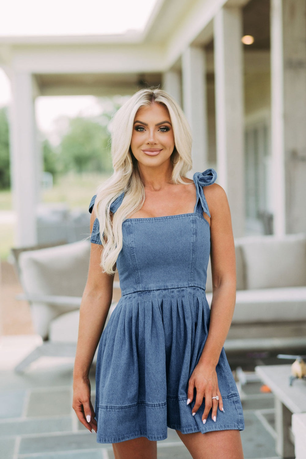 Square Neck Tie Shoulder Denim Dress - felvior