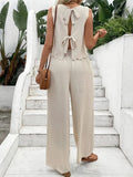Tie Back Round Neck Top and Pants Set - felvior