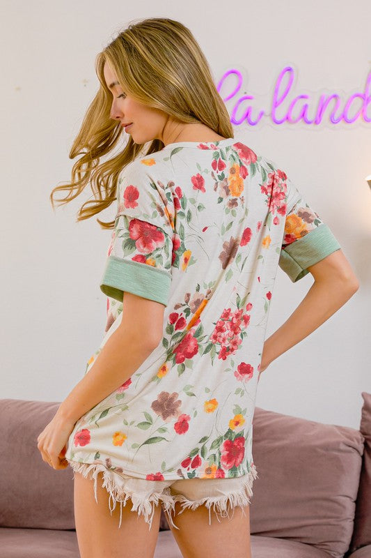 BiBi Floral Button Detail Round Neck Short Sleeve Terry T-Shirt