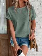 Eyelet Round Neck Short Sleeve T-Shirt