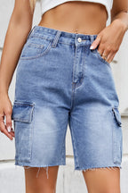 Raw Hem Washed Denim Shorts with Cargo Pockets