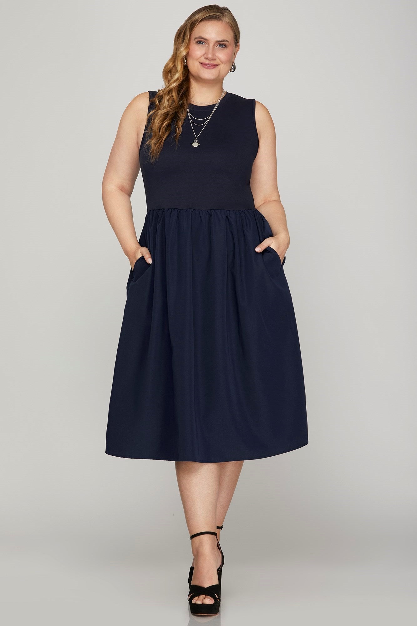 She + Sky Full Size Sleeveless Poplin Woven Midi Dress with Pockets Plus Size