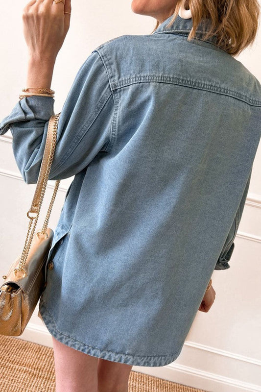 Pocketed Button Up Long Sleeve Denim Jacket - felvior