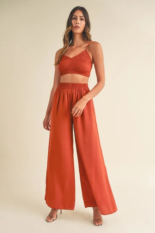 MABLE Smocked Bralette Crop Top and Wide Leg Pants Set - felvior