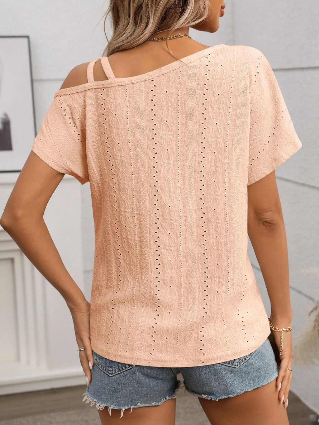 Eyelet Asymmetrical Shoulder Short Sleeve T-Shirt