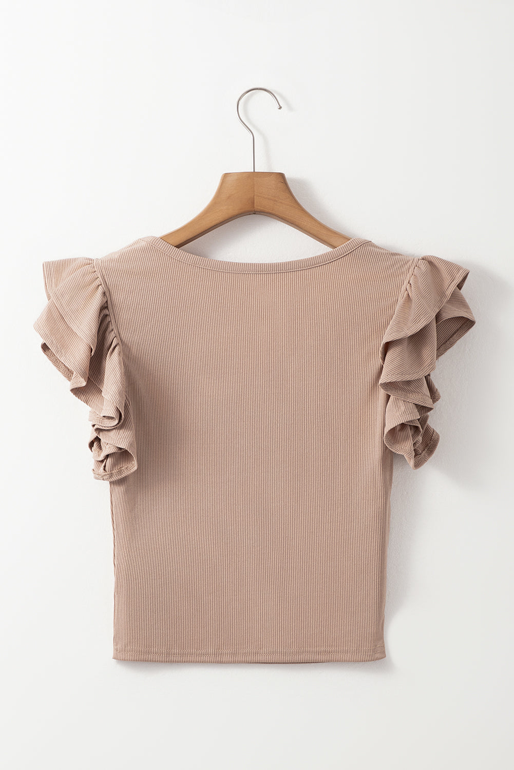 Ribbed Knit Ruffled Cap Sleeve Slim Fit Top - felvior