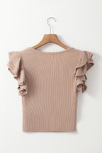 Ribbed Knit Ruffled Cap Sleeve Slim Fit Top