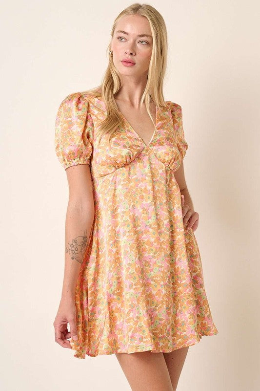 Mittoshop Printed V-Neck Puff Sleeve Mini Dress - felvior