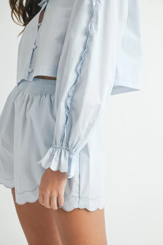 MABLE Long Sleeve Scallop Blouse and Shorts Set - felvior