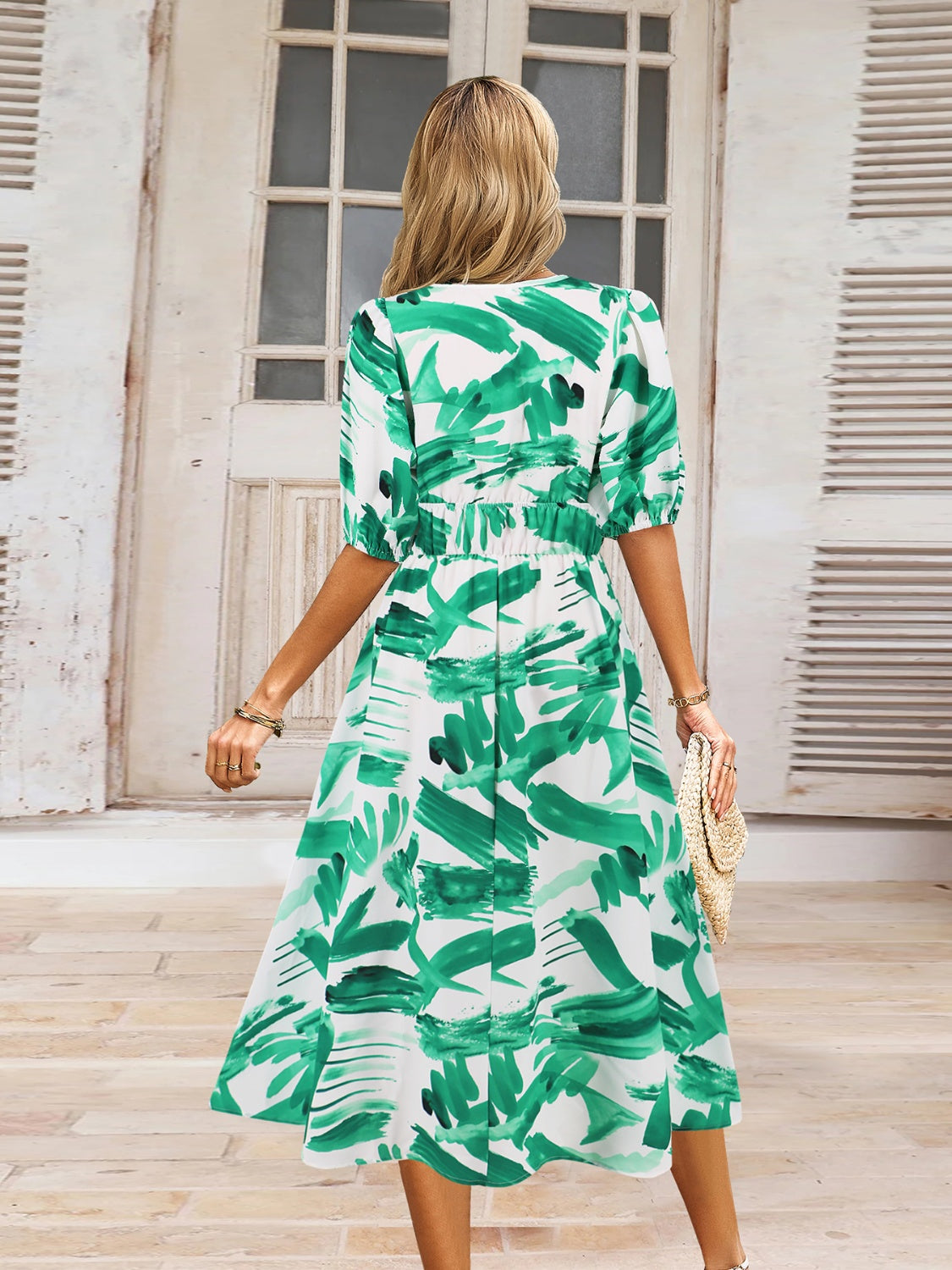 Ruched Printed Surplice Short Sleeve Dress - felvior