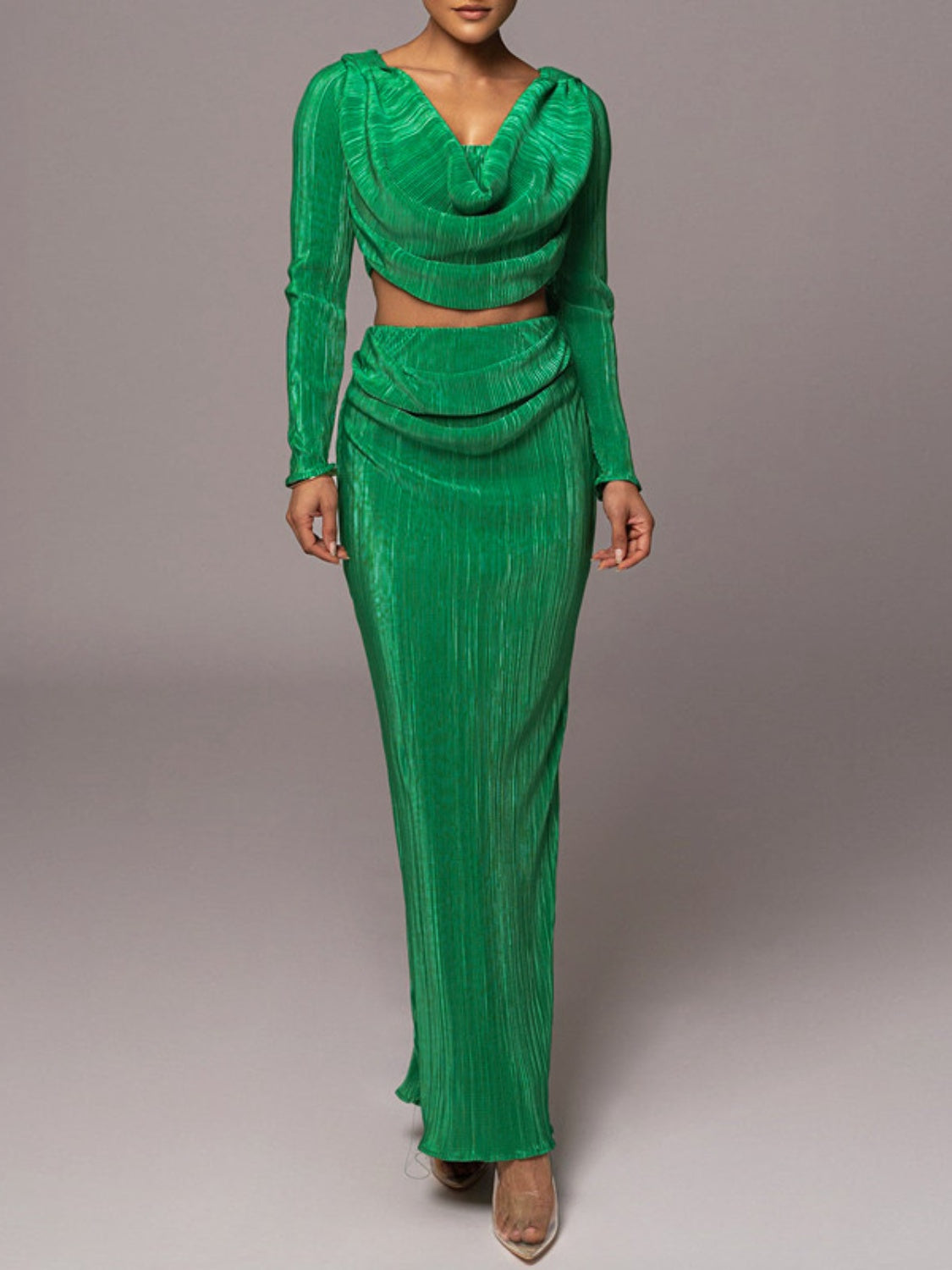 Ruched Cowl Neck Top and Maxi Skirt Set - felvior