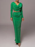 Ruched Cowl Neck Top and Maxi Skirt Set - felvior