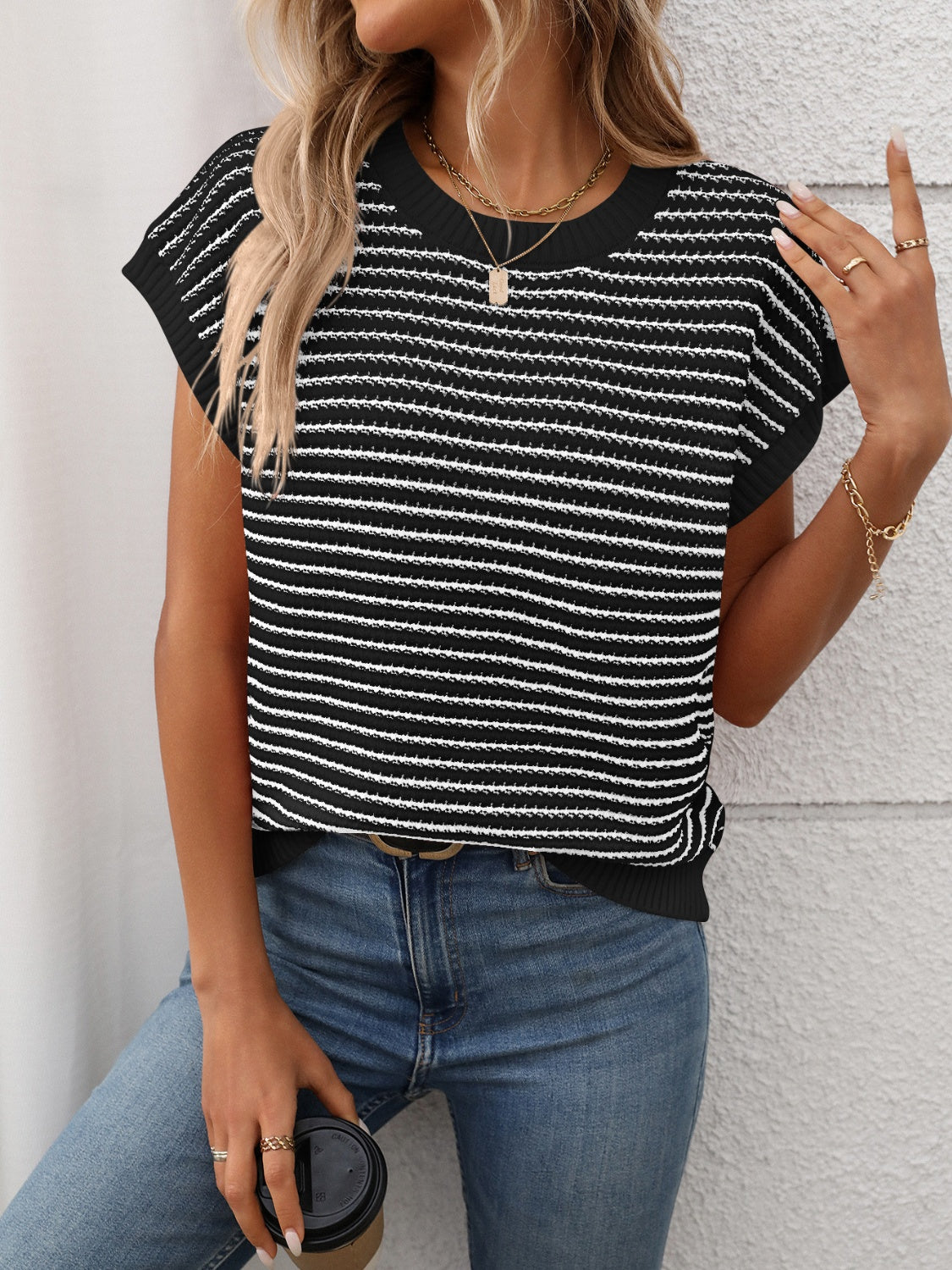 Striped Round Neck Short Sleeve Knit Top - felvior