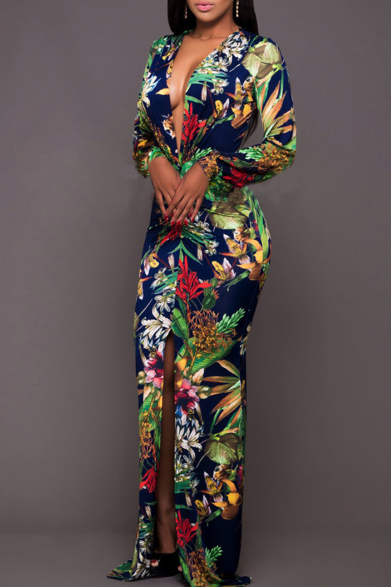 Printed Plunge Neck Leg Split Maxi Dress - felvior