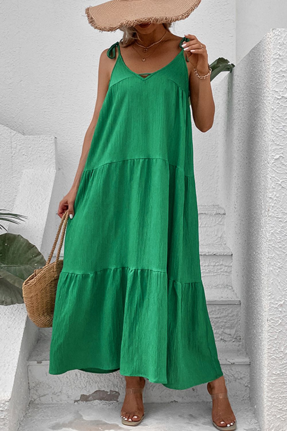 Perfee Tie-Shoulder Tiered Maxi Dress - felvior