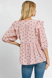 Umgee Full Size Ruffled Bow Print Tie Neck Peplum Blouse Plus Size