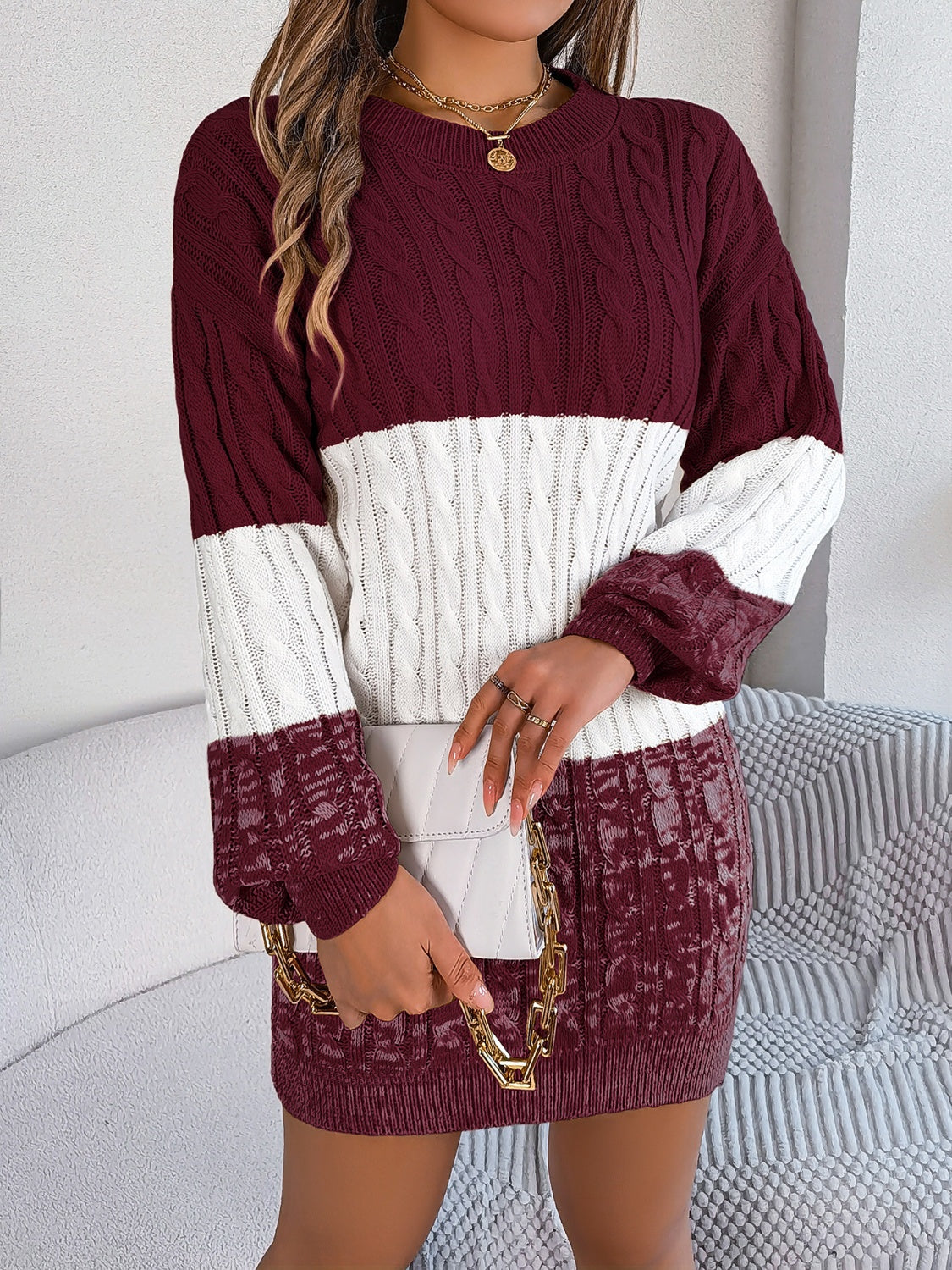 Cable-Knit Round Neck Color Block Sweater Dress - felvior