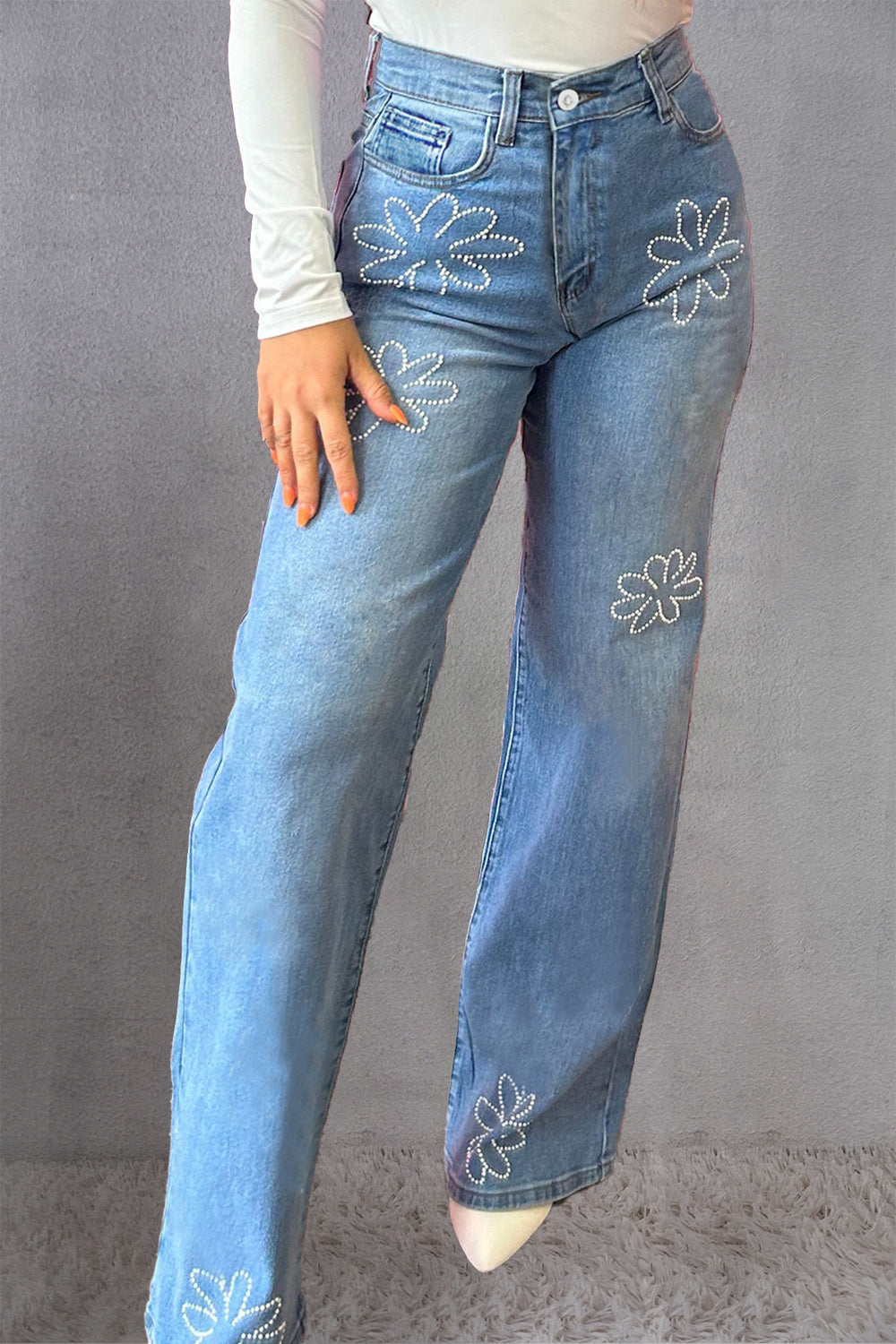 Rhinestone Straight Jeans with Pockets Hauptbild