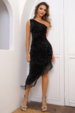 Sequin Asymmetrical Fringe Hem One-Shoulder Dress - felvior
