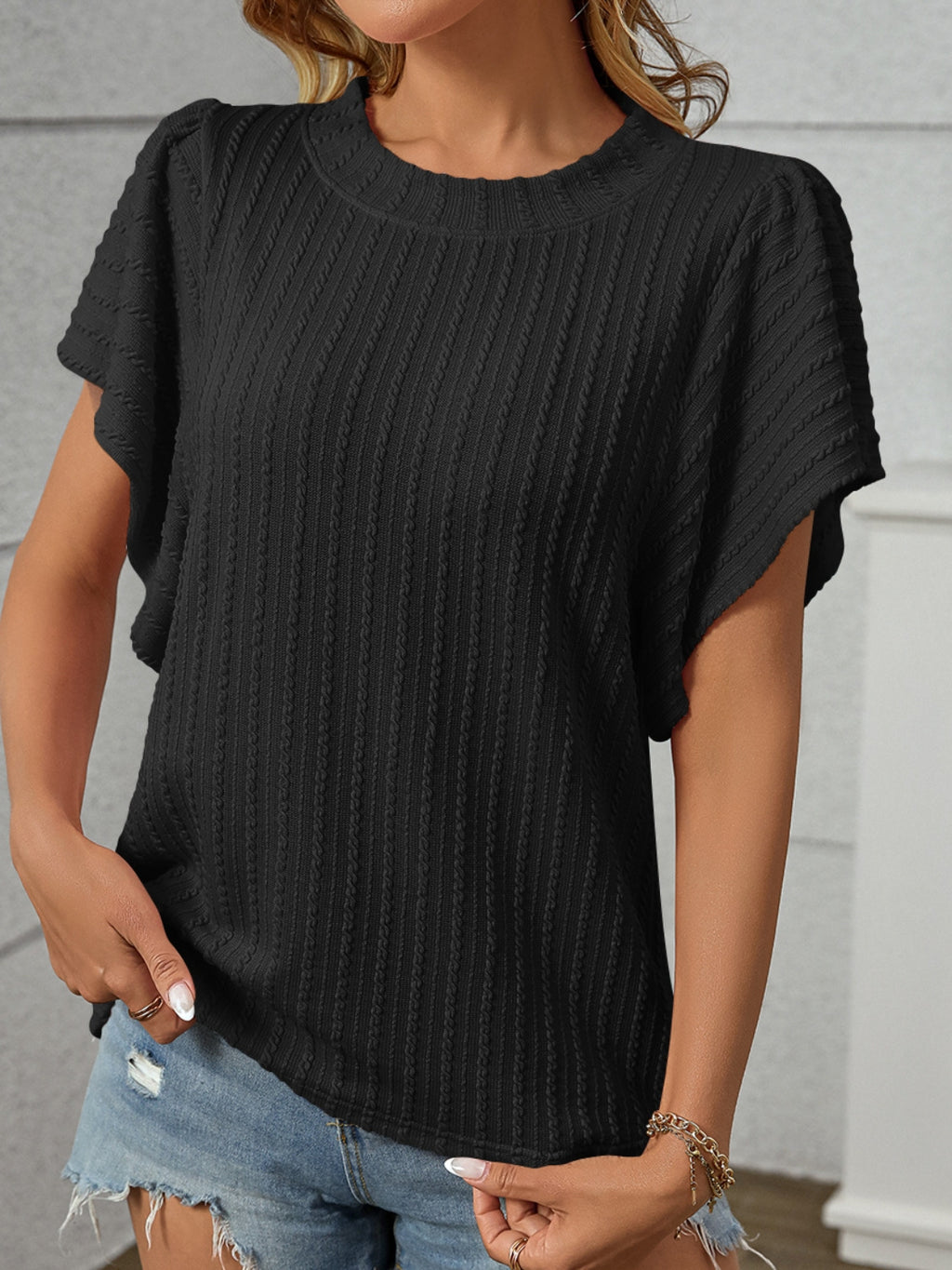 Textured Round Neck Short Sleeve Top