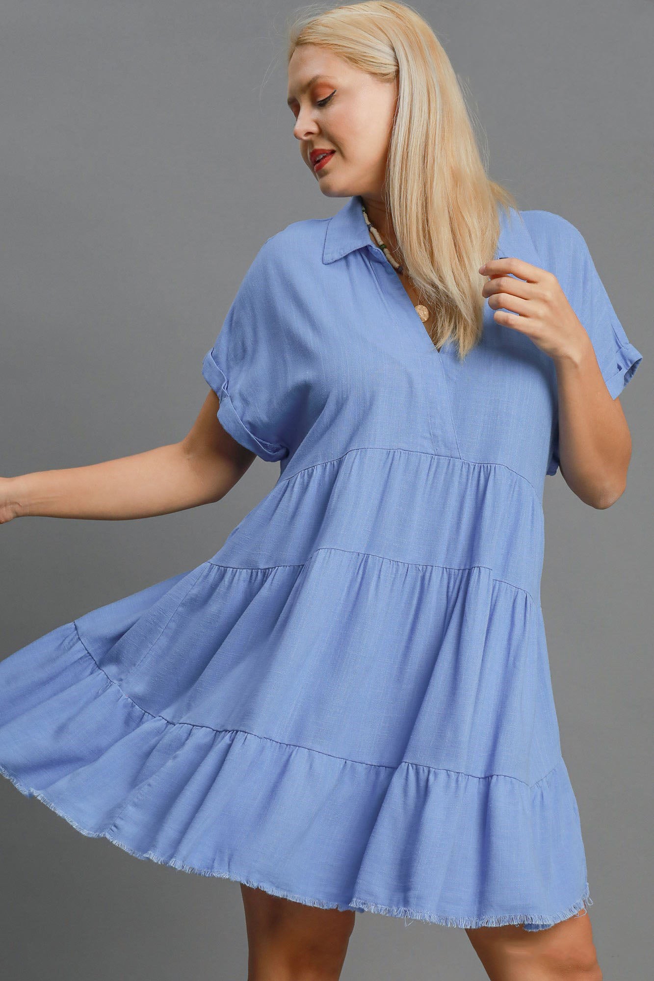Umgee Full Size Raw Hem Folded Sleeve Tiered Dress Plus Size Secondary image