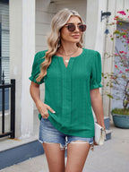 Eyelet Notched Short Sleeve Top