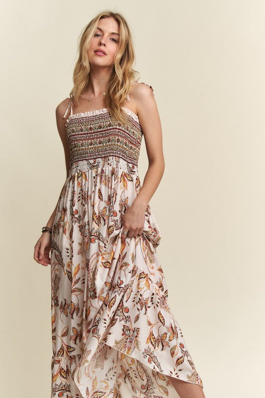 ADORA Smocked Printed Square Neck Tie Shoulder Cami Dress - felvior