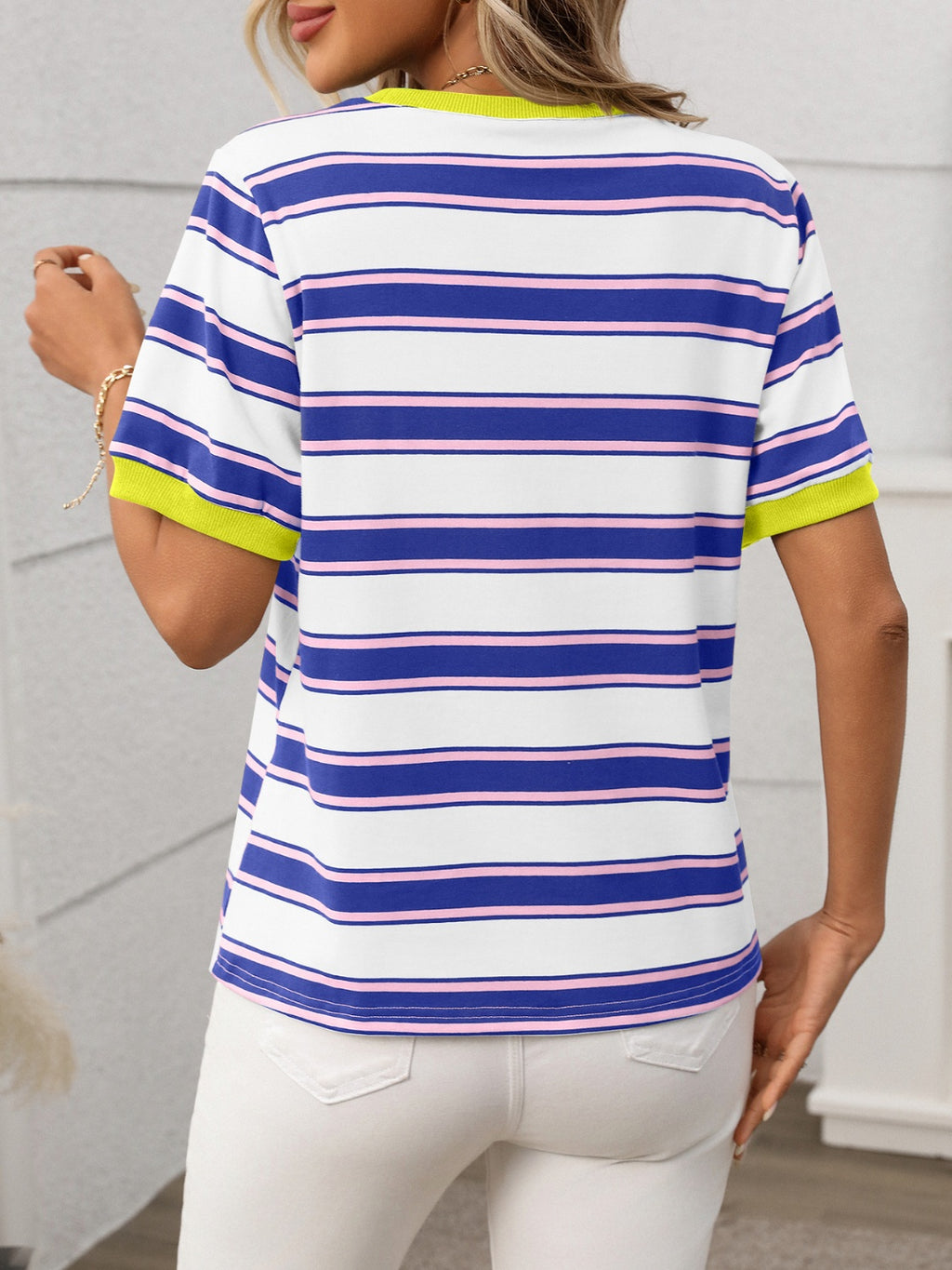 Contrast Striped Round Neck Short Sleeve T-Shirt
