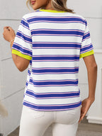 Contrast Striped Round Neck Short Sleeve T-Shirt