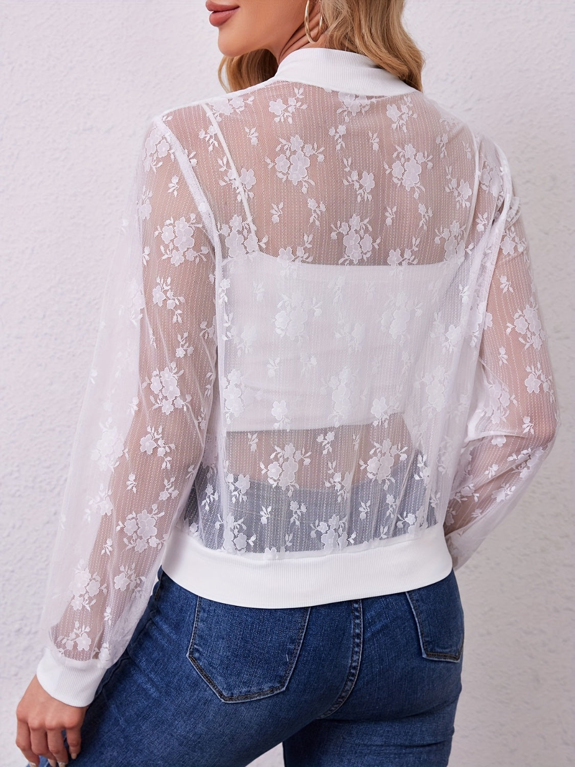 Lace Baseball Collar Zip Up Jacket - felvior