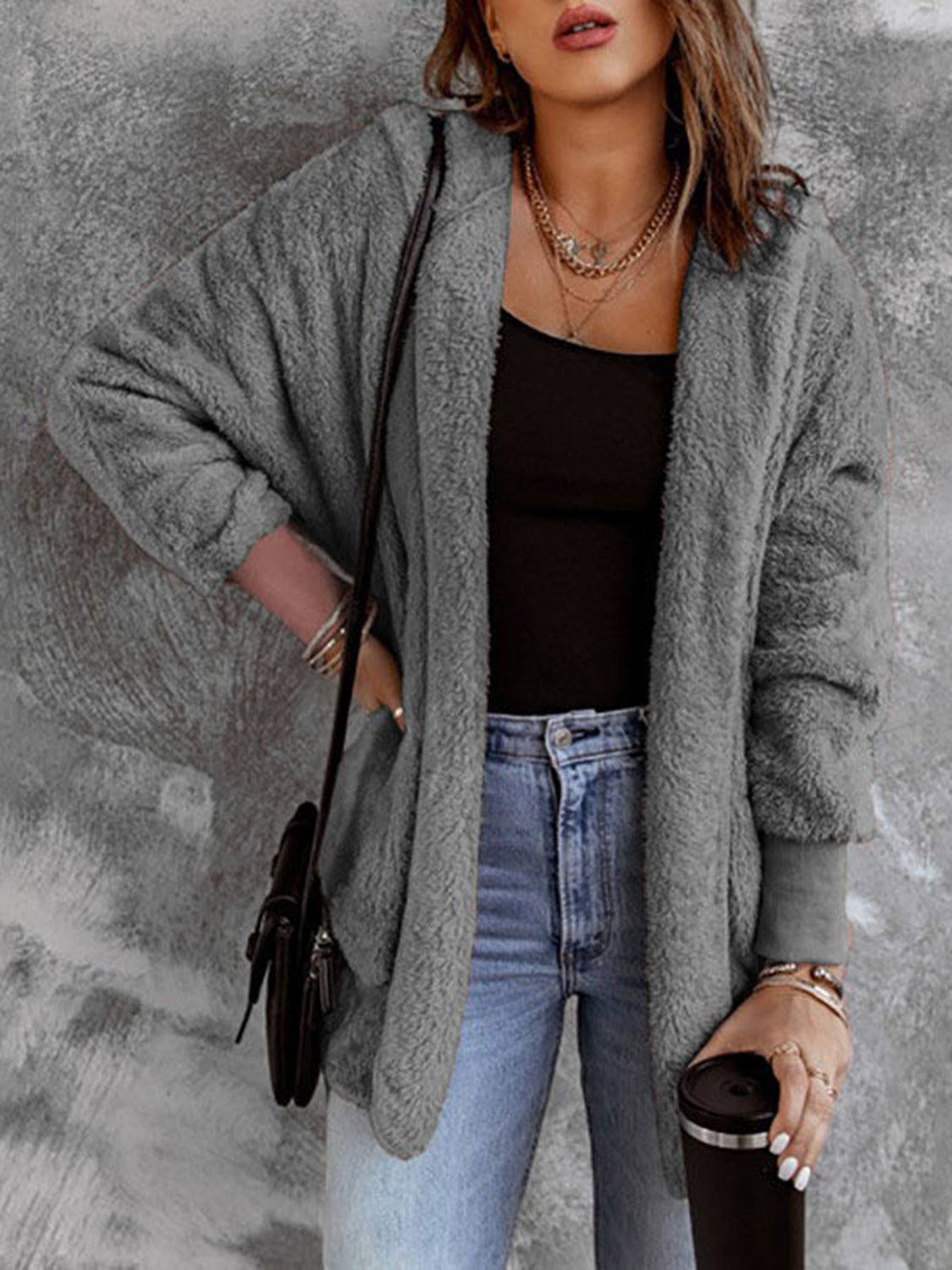 Open Front Hooded Faux Fur Outwear with Pockets - felvior