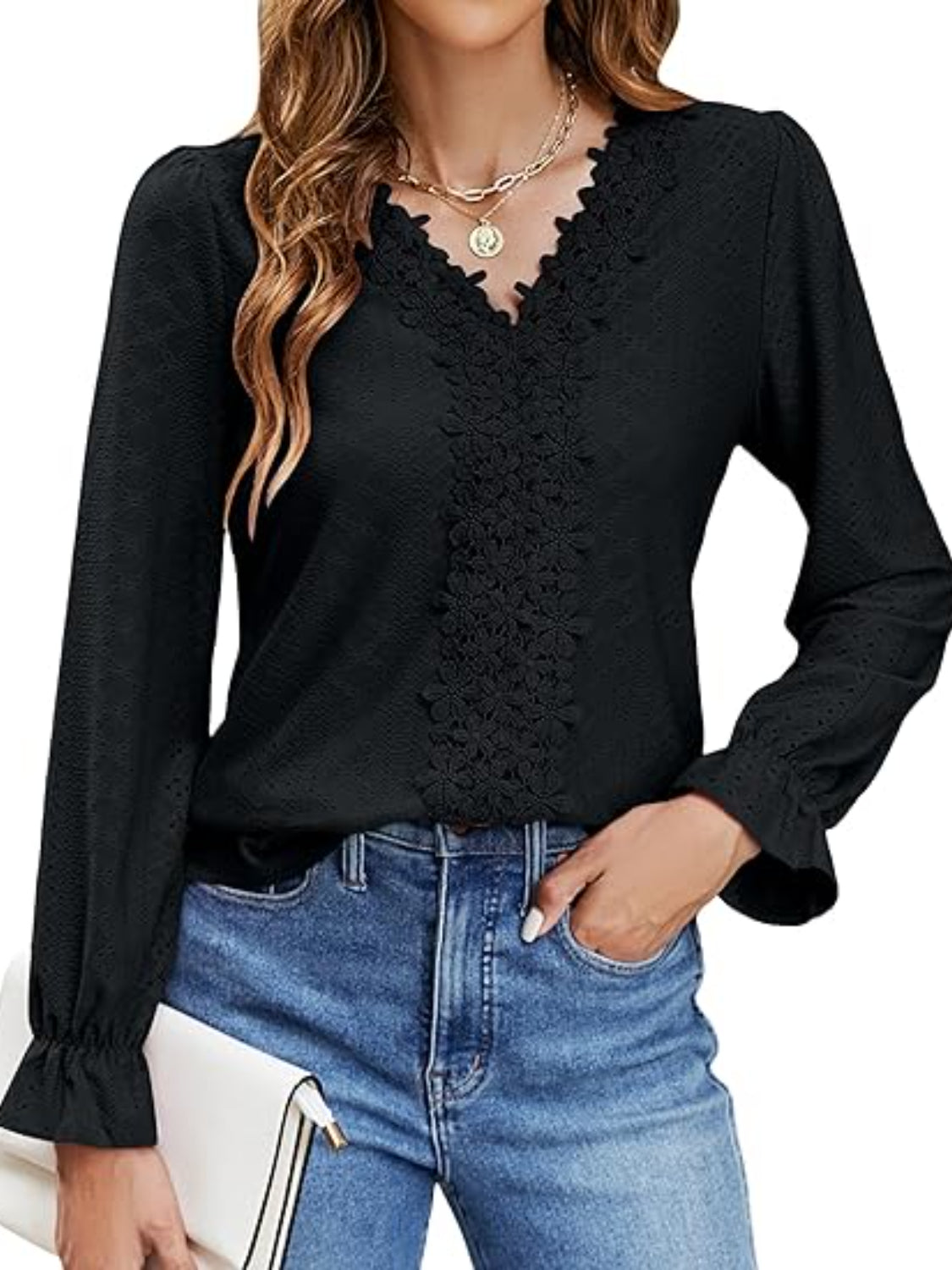 Lace Detail Eyelet V-Neck Flounce Sleeve Blouse - felvior
