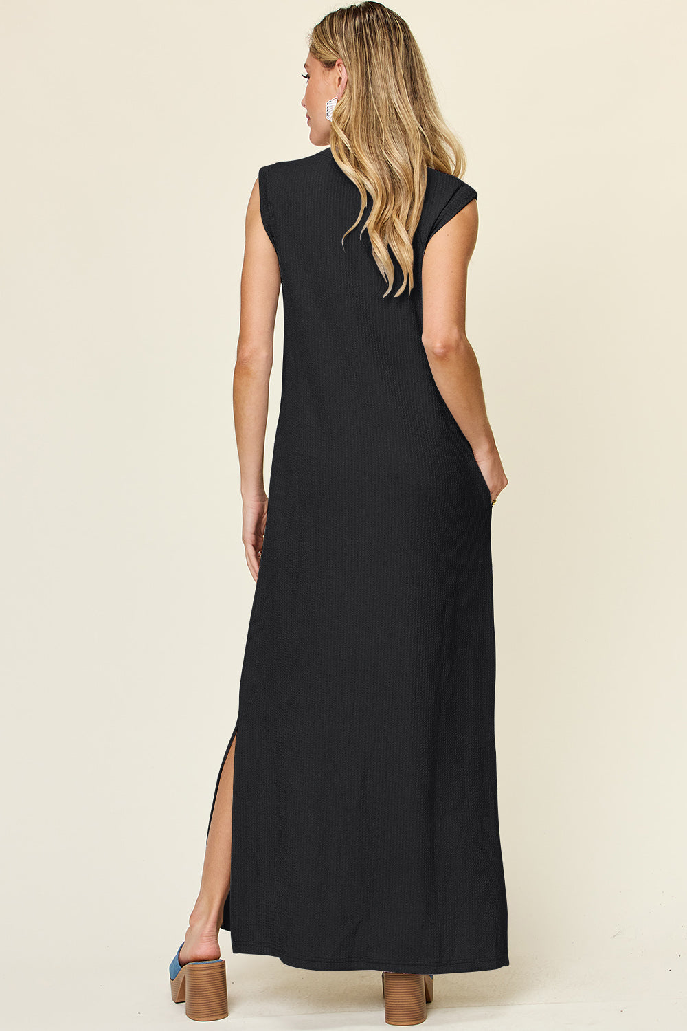 Double Take Full Size Texture Mock Neck Sleeveless Maxi Dress - felvior