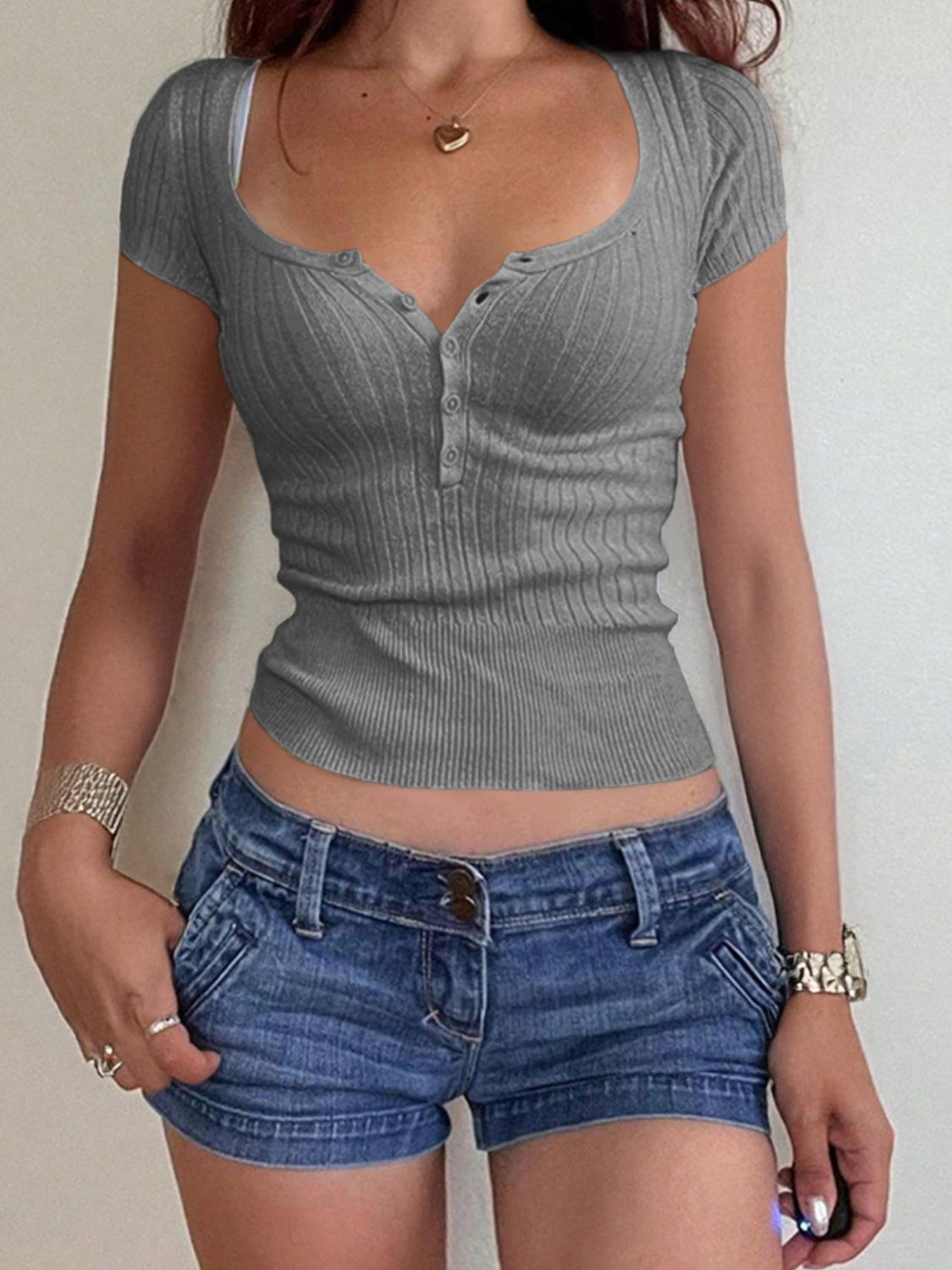 Half Button Scoop Neck Short Sleeve Knit Top - felvior