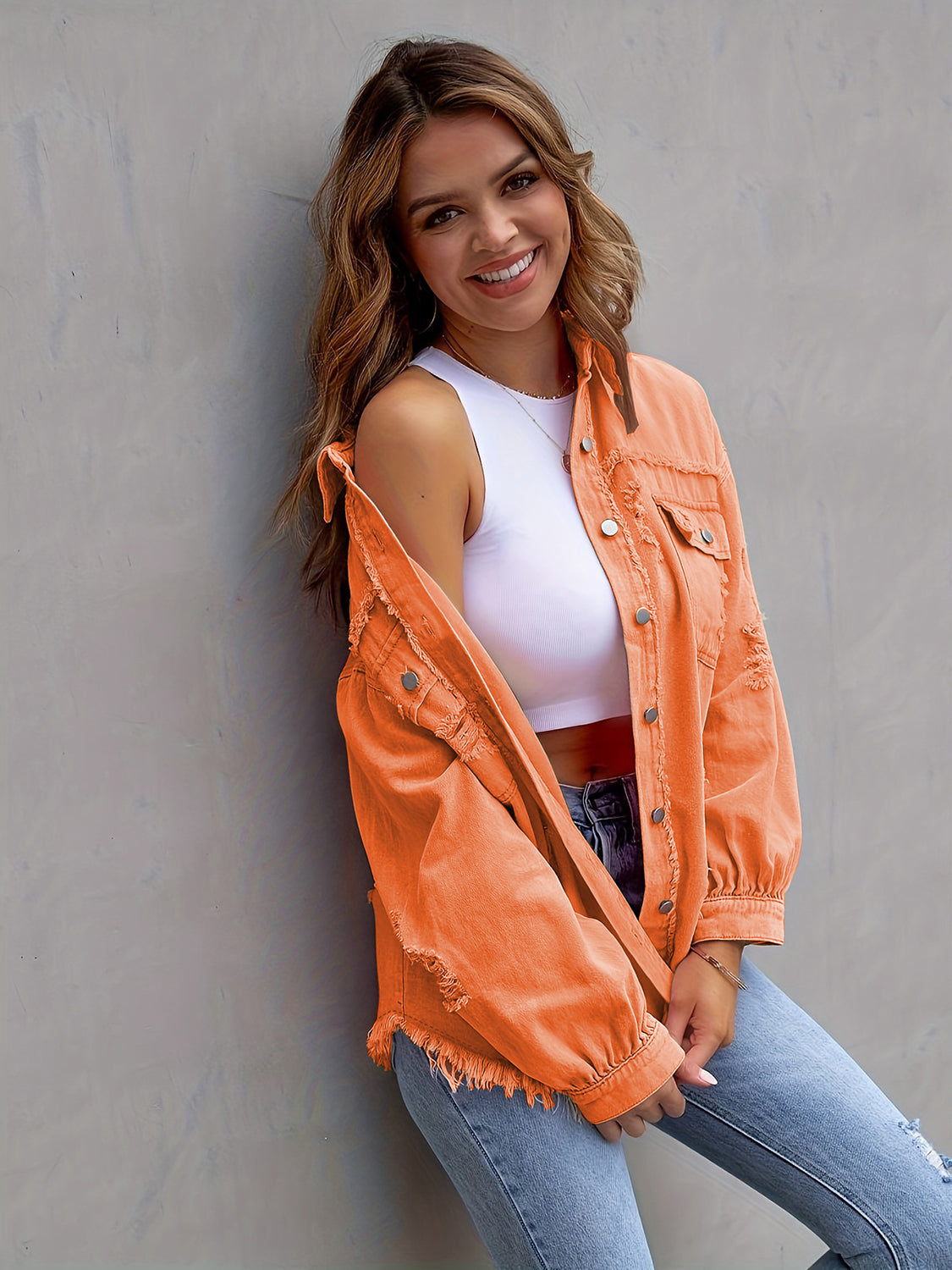 Distressed Drop Shoulder Denim Jacket - felvior