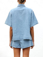Button Up Short Sleeve Top and Shorts Denim Set
