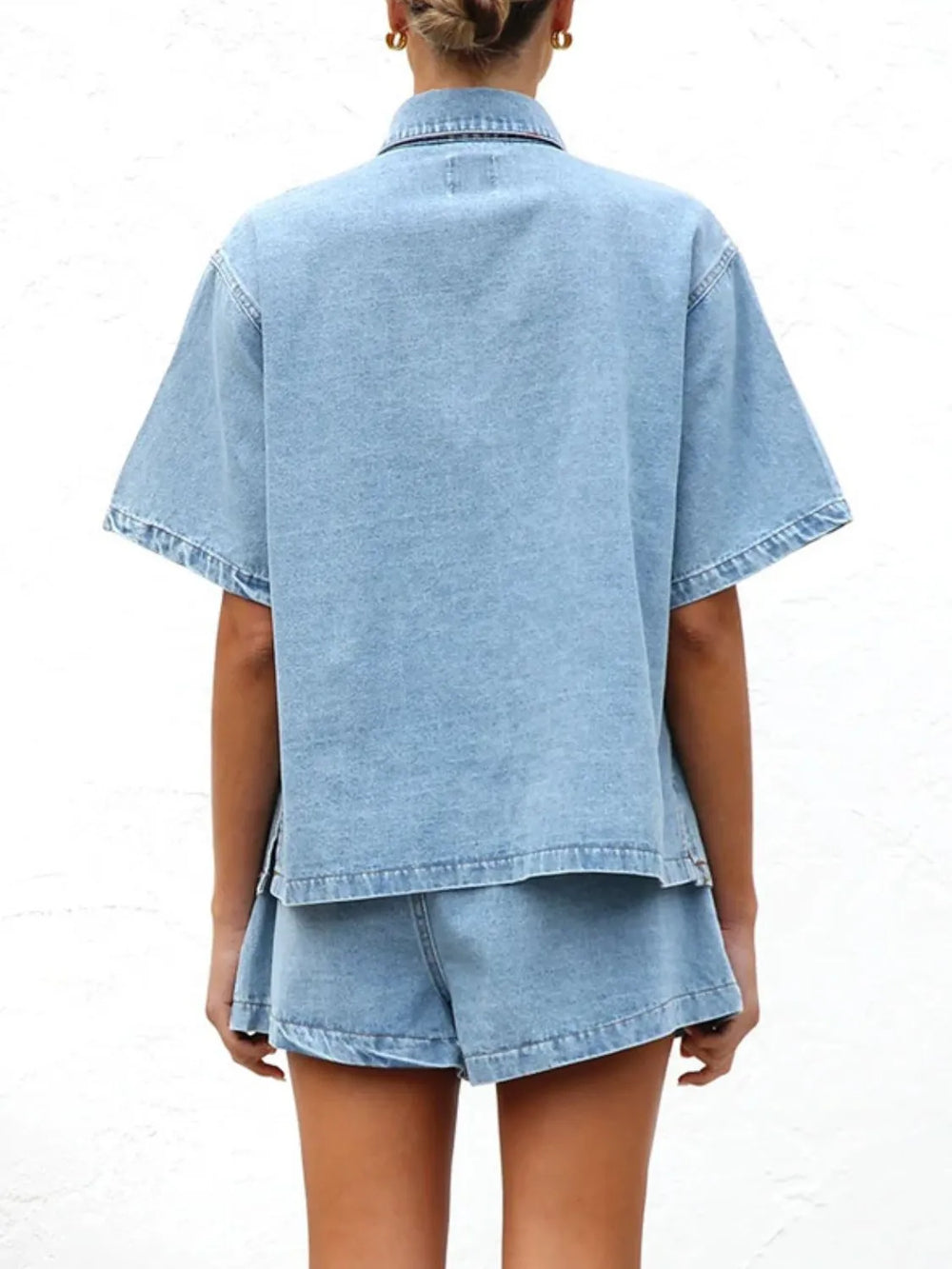 Button Up Short Sleeve Top and Shorts Denim Set