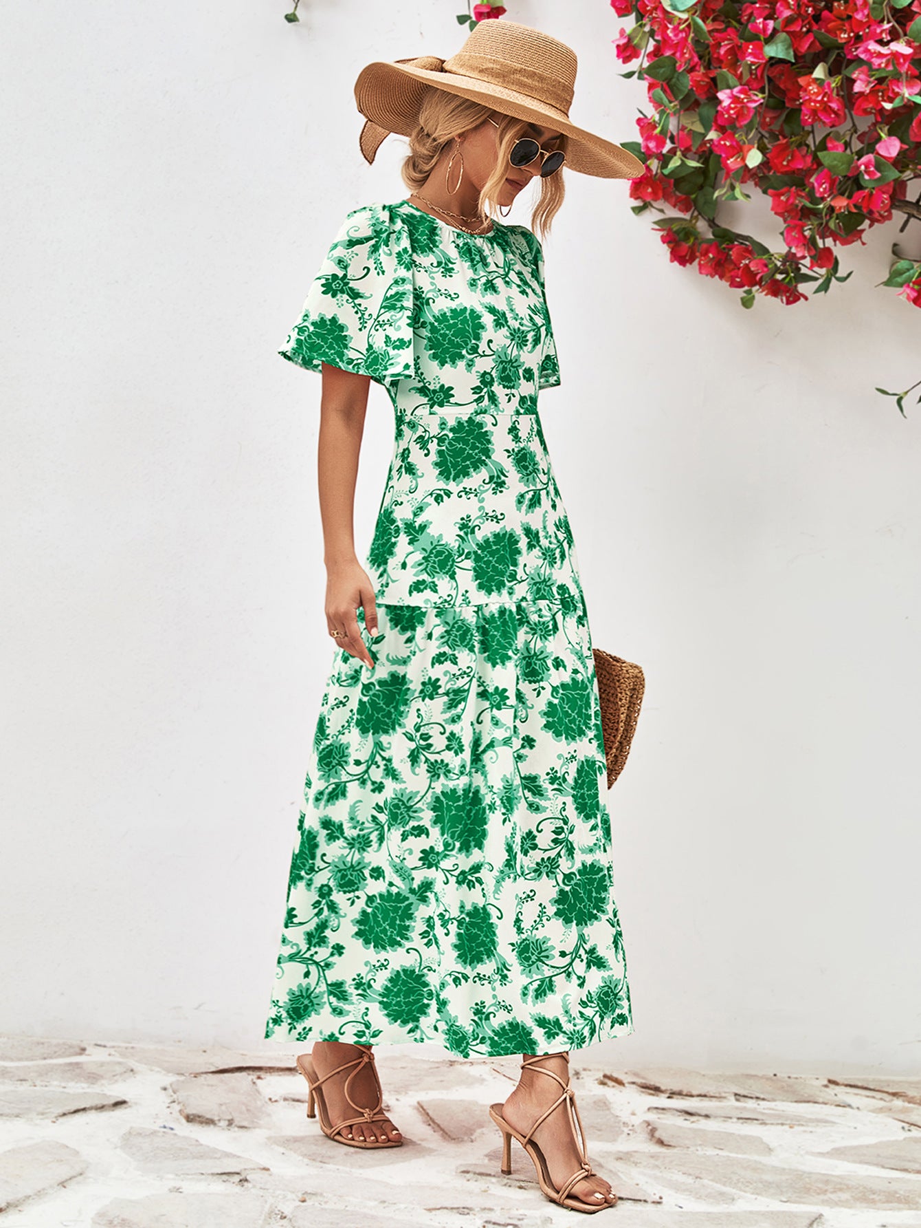 Floral Round Neck Tied Open Back Dress - felvior
