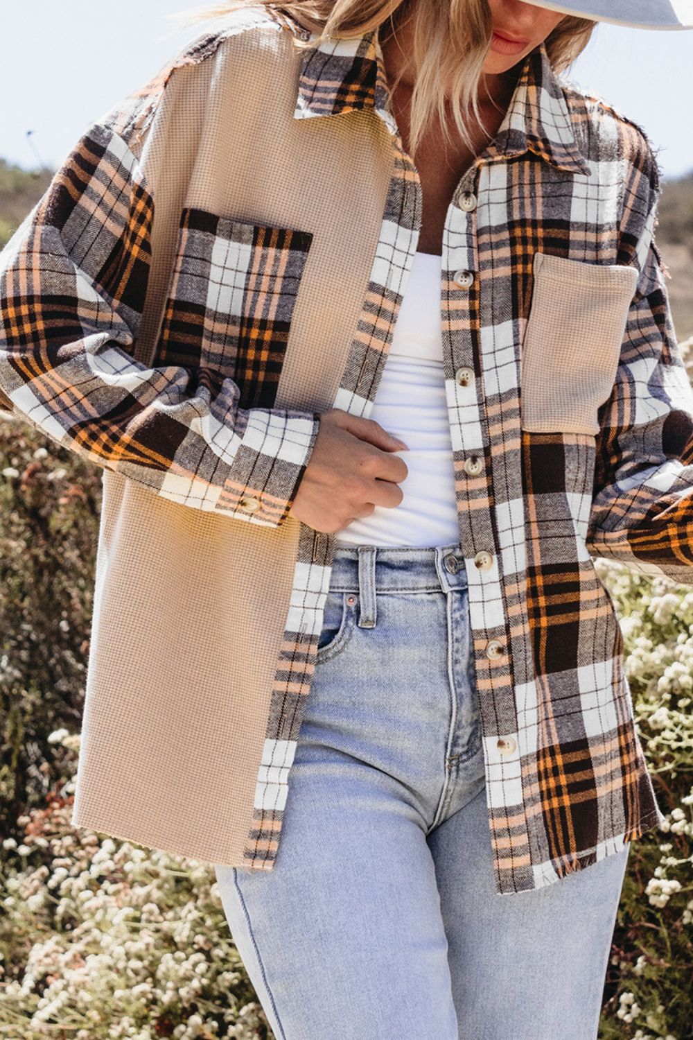 Plaid Button Up Long Sleeve Shacket - felvior