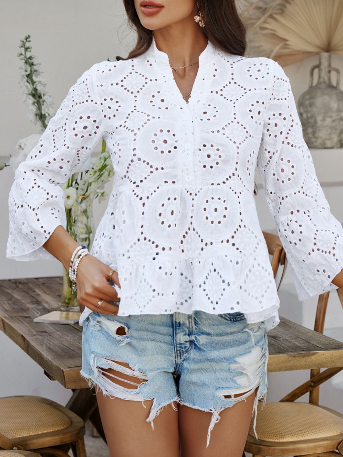 Devine Half Button Flounce Sleeve Peplum Blouse