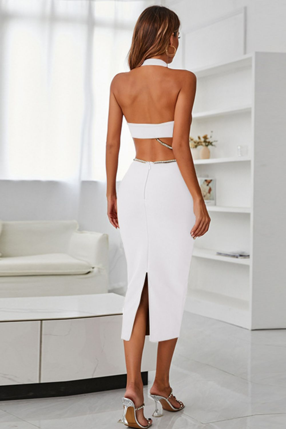 Rhinestone Halter Neck Cutout Slit Midi Dress - felvior