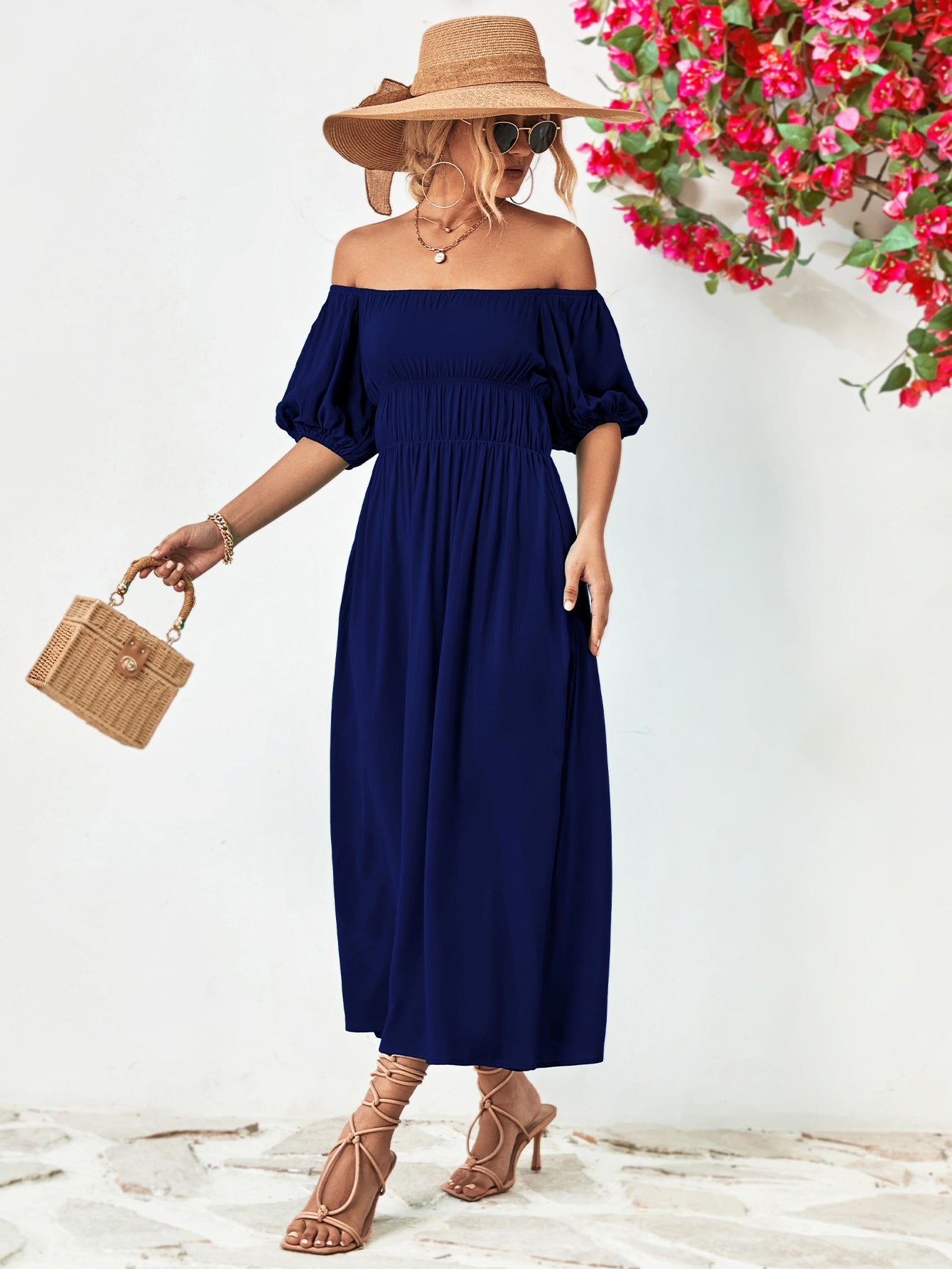 Off-Shoulder Balloon Sleeve Midi Dress - felvior