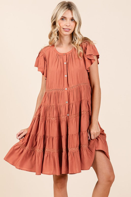 Mittoshop Lace Detail Ruffled Button Down Tiered Dress - felvior