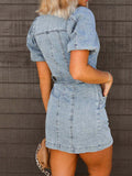 Puff Sleeve Button Up Mini Denim Dress - felvior