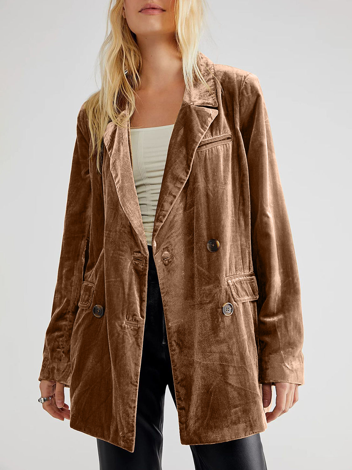 Lapel Collar Long Sleeve Blazer with Pockets - felvior