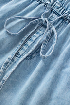 Raw Hem Studded V-Neck Drawstring Sleeveless Denim Romper