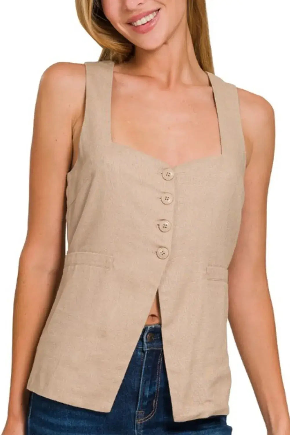 Zenana Linen Tie-back 4-button Vest with Lining