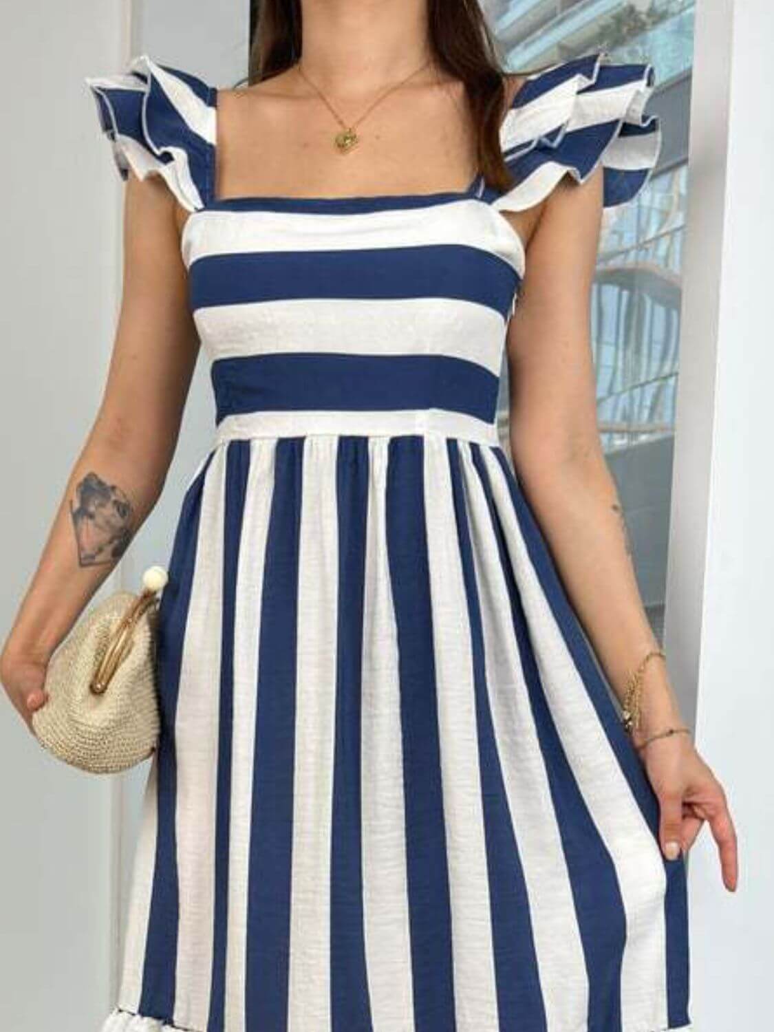 Smocked Striped Square Neck Cap Sleeve Dress
