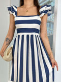 Smocked Striped Square Neck Cap Sleeve Dress - felvior