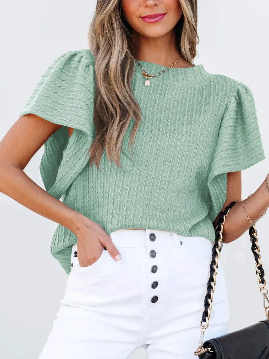 Round Neck Ruffle Sleeve Top